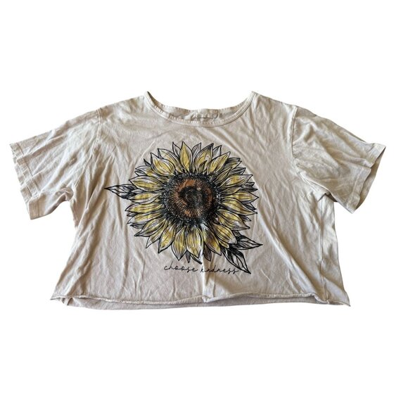 Unknown Tops - Sunflower Womens Graphic T-Shirt Beige Short Sleeve Cropped Style Cotton Blend S